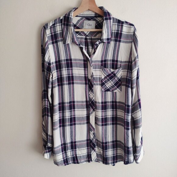 Rails Hunter Plaid Top L White Navy Rayon Flannel Lightweight Button Front Shirt - Picture 12 of 12